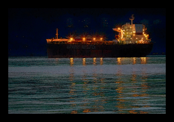 FREIGHTER AT NIGHT-36X24-BORDERED